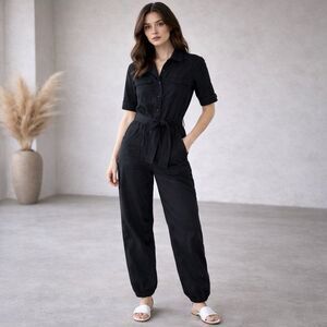 Paige Women’s Black Denim Mayslie Jumpsuit Tie Waist Minimal Classic Career Sz 0